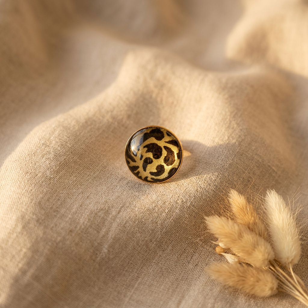 Bague cabochon · papier lokta doré & kaki · verre bombé 25mm · laiton doré · anneau réglable